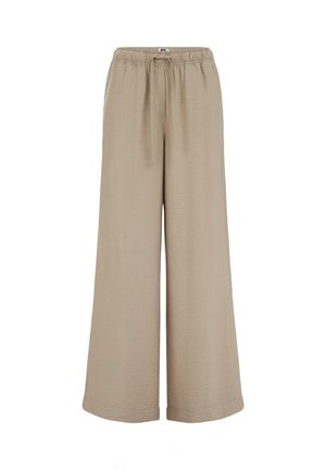 Pantalon beige à jambes larges en tissu léger. Il présente une taille élastique avec un cordon de serrage et une texture lisse. Les finitions de l'ourlet sont soigneusement pliées.