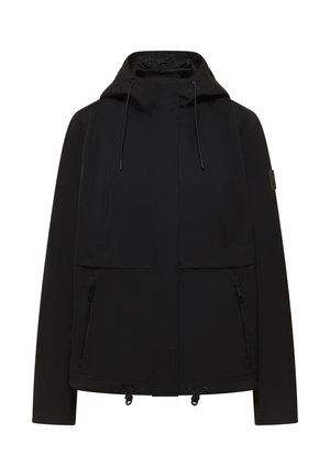 Zwarte gewatteerde jas met capuchon, rits aan de voorkant, trekkoorden aan de capuchon en zoom, met rits afsluitbare zijzakken en een logopatch op de linkermouw.