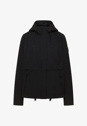 Zwarte gewatteerde jas met capuchon, rits aan de voorkant, trekkoorden aan de capuchon en zoom, met rits afsluitbare zijzakken en een logopatch op de linkermouw.