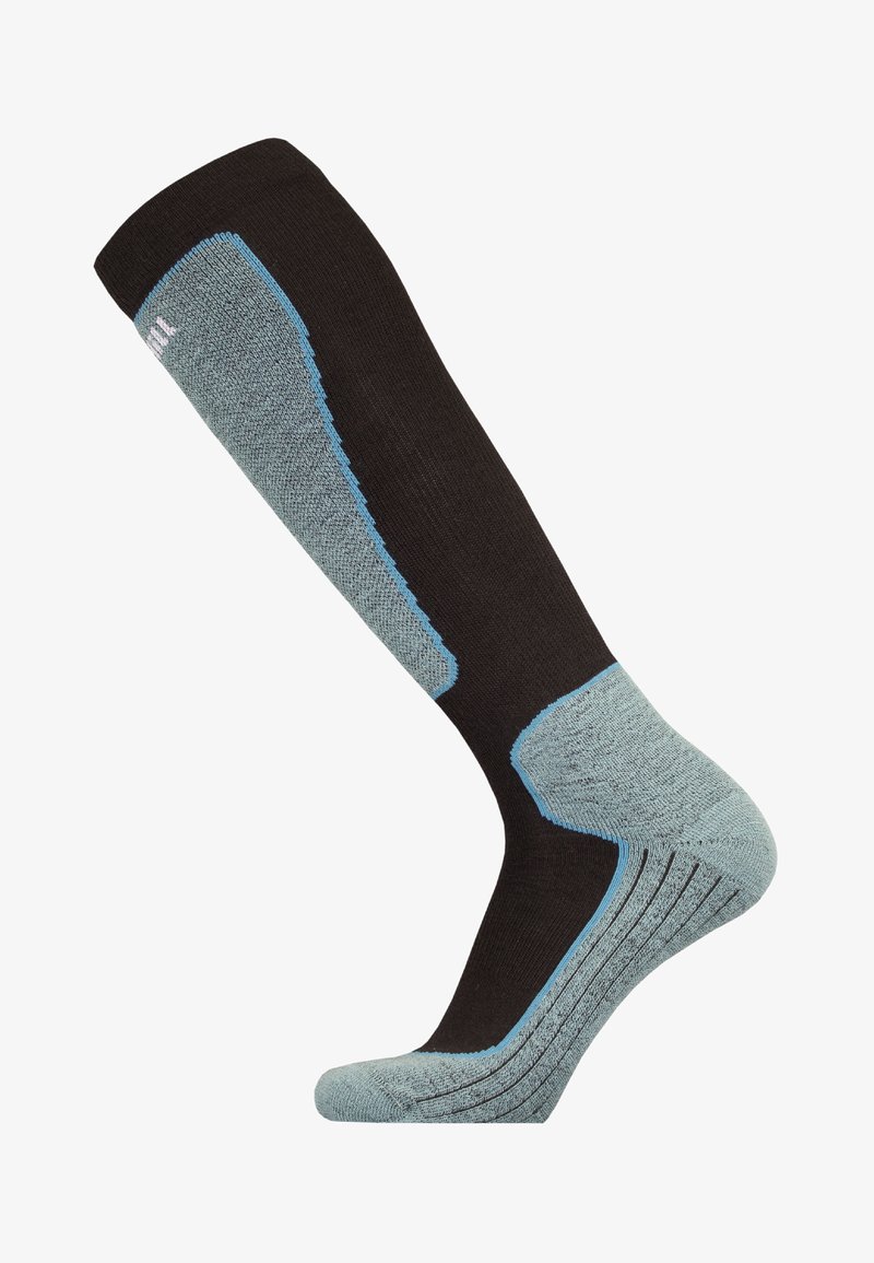 Knee-length black sock with light blue accents, featuring a textured pattern, reinforced heel, and arch support detailing.