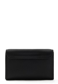 Black leather wallet with a textured finish, rectangular shape, fold-over flap, and visible stitching detail. Ideal for cards and cash.