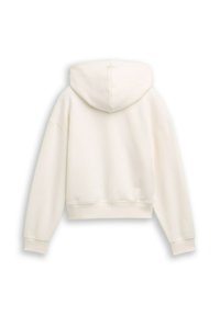 Geknipte witte hoodie met een grote capuchon, ribgebreide manchetten en een zachte textuur, met minimale stikdetails.