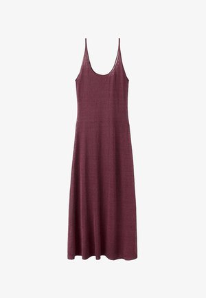 Obleka brez rokavov, dolga do gležnjev v barvi bordo, s tankimi naramnicami in okroglim izrezom, izdelana iz mehke, teksturirane tkanine.