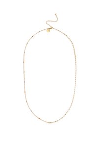 Collar de oro que presenta una combinación de delicados eslabones de cadena y cuentas de colores en naranja, púrpura y oro, con un cierre ajustable.
