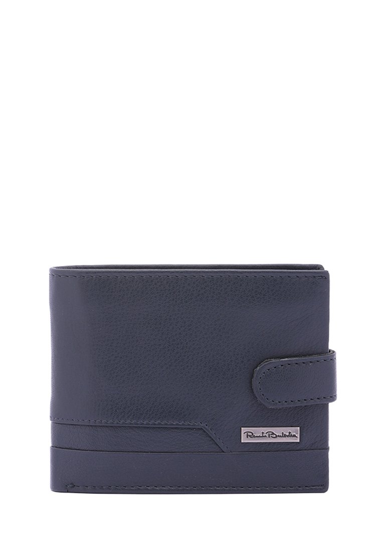 Marine leren portemonnee met een textuurafwerking, bi-fold ontwerp, frontale drukknoopsluiting en een zilveren logoplaatje aan de onderzijde rechts.