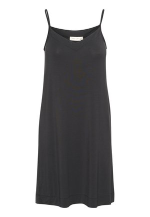 Black sleeveless dress with a V-neckline, made of smooth, lightweight fabric; features thin straps and a relaxed fit.
