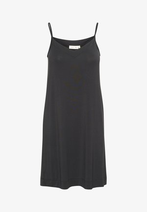 Juodas be rankovių suknelė su V formos iškirpte, pagaminta iš lygaus, lengvo audinio; turi plonas petnešas ir laisvą siluetą.