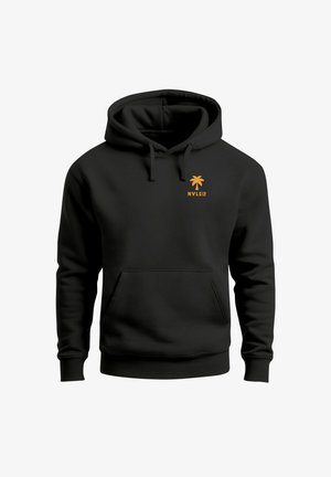 Black hoodie, cotton blend, featuring a kangaroo pocket, drawstring hood, and small orange palm tree logo with text on the chest.