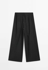 Black pinstriped wide-leg trousers made of textured fabric with a high waist and vertical white stripes. Features deep pockets on the sides.