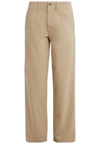 Beige bomullbyxor med rak passform, med en framknäppning, bälteshällor och sidofickor. Slät textur.