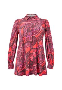 Langdurige blouse met lange mouwen en knopen, in een abstract bloemen- en paisleypatroon in roze en rood, uitgerust met een punts  kraag en geplooide mouwen.