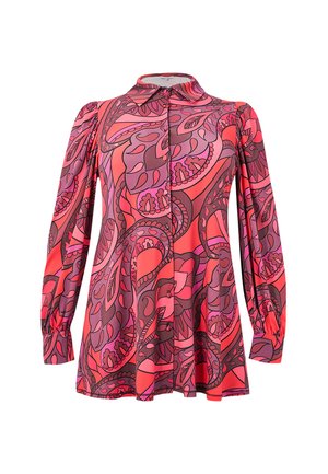 Langdurige blouse met lange mouwen en knopen, in een abstract bloemen- en paisleypatroon in roze en rood, uitgerust met een punts  kraag en geplooide mouwen.