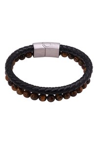 Bracciale in pelle intrecciata nera con perline di occhio di tigre lucidate, chiusura magnetica in argento e design a doppio giro per una vestibilità regolabile.