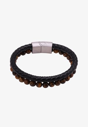 Schwarzes geflochtenes Lederarmband mit polierten Tigerauge-Perlen, einem silbernen Magnetverschluss und einem doppelschichtigen Design für eine anpassbare Passform.
