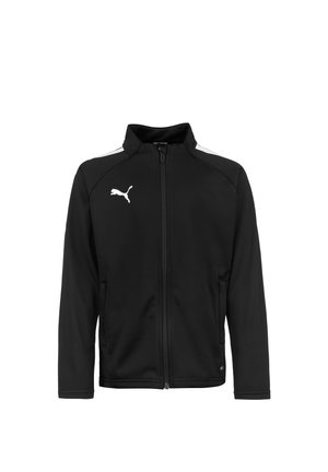 Veste zippée noire en tissu lisse avec col montant, présentant des accents blancs sur les épaules et un logo blanc sur la poitrine.