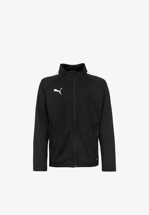 Black zip-up jacket made of sleek fabric with a stand collar, featuring white accents on shoulders and a white logo on the chest.