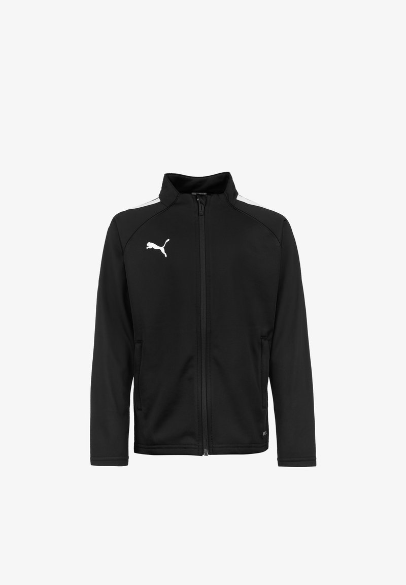 Veste zippée noire en tissu lisse avec col montant, présentant des accents blancs sur les épaules et un logo blanc sur la poitrine.