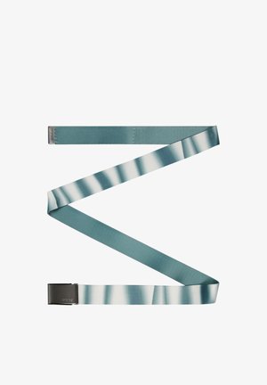 Adjustable belt with a teal solid section and a gradient pattern in light and dark shades, featuring a rectangular black metal buckle.