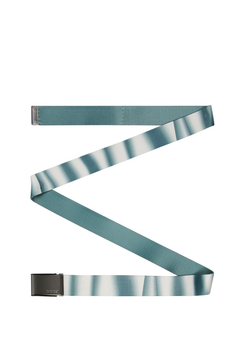 Verstelbare riem met een teal solide sectie en een gradientpatroon in lichte en donkere tinten, voorzien van een rechthoekige zwarte metalen gesp.