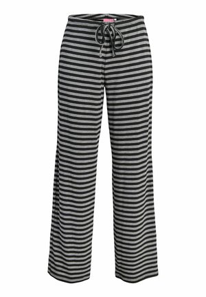 Lõdvalt istuvad püksid horisontaalsete mustade ja hallide triipudega ning pingutuspaelaga vöökohal mugavuse reguleerimiseks.