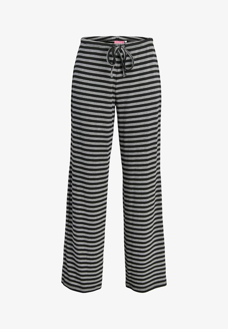 Φαρδιά παντελόνια με οριζόντιες μαύρες και γκρι ρίγες και ελαστική μέση με κορδόνι για ρυθμιζόμενη άνεση.