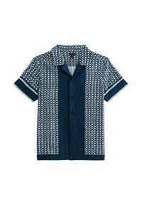 Short-sleeve button-up shirt featuring a blue and white geometric pattern, collared design, and contrasting solid blue trim on sleeves.