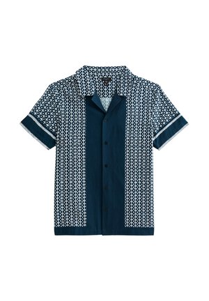 Short-sleeve button-up shirt featuring a blue and white geometric pattern, collared design, and contrasting solid blue trim on sleeves.