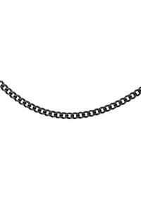 Zwarte metalen ketting met in elkaar grijpende schakels, een gladde textuur en een eenvoudig ontwerp, geschikt voor verschillende stijlen en accessoires.