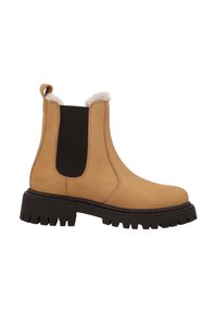 Stivali alla caviglia in pelle color cuoio con pannello elastico laterale nero, fodera in pelliccia sintetica e suola in gomma testurizzata con motivo chiodato.