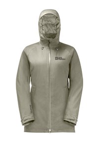 Veste imperméable beige avec capuche, fermeture éclair, cordons réglables et logo sur la poitrine. Elle dispose de manches longues et de poches latérales.