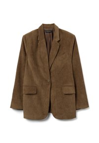 Bruine corduroy blazer met een enkele knoopsluiting, geknepen revers en twee voorzakken met een textuurafwerking.