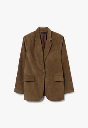 Bruine corduroy blazer met een enkele knoopsluiting, geknepen revers en twee voorzakken met een textuurafwerking.