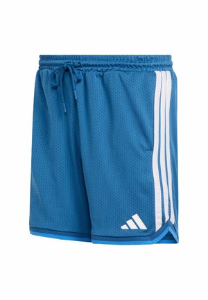 Pantaloncini sportivi in rete blu con una cintura elastica, cordoncino e dettagli bianchi a tre strisce sui lati. Presentano un logo triangolare sull'orlo.