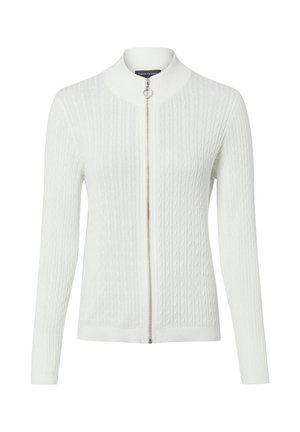 Weißer, langärmeliger Strickcardigan mit Zopfmuster, hohem Kragen und durchgehendem Frontreißverschluss mit rundem Zipper.