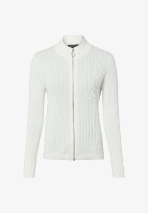 Cardigan blanc en maille torsadée à manches longues avec un col montant et une fermeture éclair frontale complète avec un tirage circulaire.