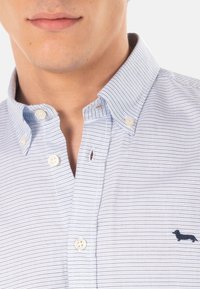 Hellblaues Hemd mit Kragen und kleinem marineblauem Muster. Es verfügt über zwei Knöpfe am Kragen und ein gesticktes Logo auf der Brust.