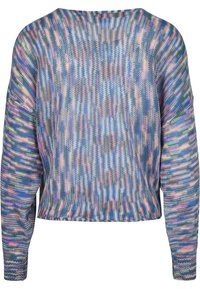 Maglione a maniche lunghe lavorato a maglia con un motivo multicolore di strisce verticali e orizzontali blu, rosa, viola e verde.