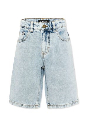Shorts di denim azzurro chiaro con tasche frontali, passanti per cintura, chiusura con bottoni e finitura slavata.