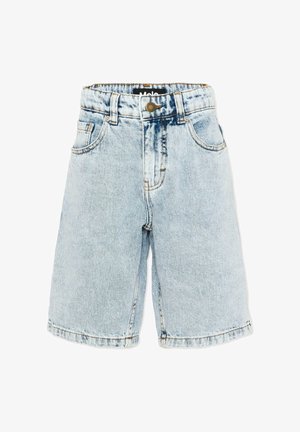 Jasnoniebieskie krótkie spodenki dżinsowe z przednimi kieszeniami, szlufkami na pasek, zapięciem na guziki i efektem spranego wykończenia.