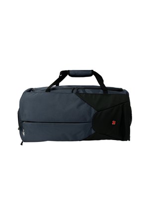 Sac de sport bleu marine et noir. Comprend des compartiments à double fermeture éclair, une poignée rembourrée et un tissu texturé. Logos affichés sur le côté.