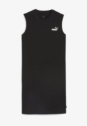Vestido negro sin mangas hecho de algodón. Presenta un cuello redondo y el logotipo de Puma en blanco en la parte superior izquierda. Textura suave, hasta la rodilla.