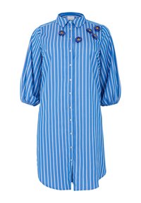Blauw gestreepte overhemd met knoopsluiting, een kraag, pofmouwen en bloemachtige versieringen aan de linkerkant. Getextureerde katoen stof.
