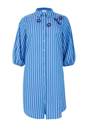 Blau gestreifte Hemdbluse mit Kragen, Puffärmeln und blumigen Verzierungen auf der linken Seite. Strukturierter Baumwollstoff.