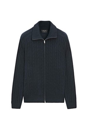 Cardigan zip-up blu navy realizzato in morbido tessuto a maglia testurizzata, con colletto a coste e motivo a treccia su tutta la superficie. Maniche lunghe.