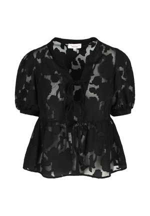 Schwarze transparente Bluse mit floralem Muster, kurzen puffärmeln, Bindeband am Hals und Peplum-Saum. Leichtes, strukturiertes Material.