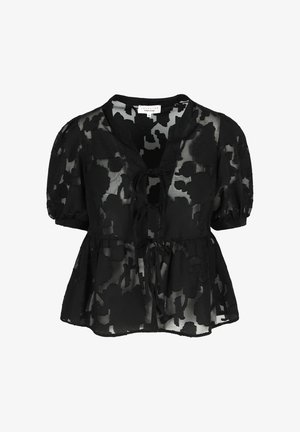 Schwarze transparente Bluse mit floralem Muster, kurzen puffärmeln, Bindeband am Hals und Peplum-Saum. Leichtes, strukturiertes Material.