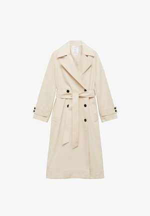 Bež trench kaput od mat tkanine, dvostruko zakopčan sa crnim dugmadi, širokim reverima, dugim rukavima, remenom i bočnim džepovima.