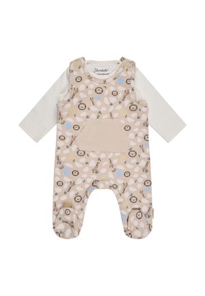 Beige baby onesie with footies featuring lion and giraffe patterns, a front pocket, and attached white long-sleeve shirt underneath.