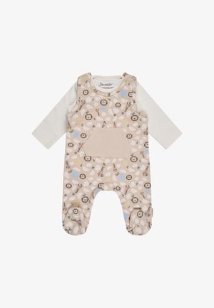 Beige baby onesie with footies featuring lion and giraffe patterns, a front pocket, and attached white long-sleeve shirt underneath.