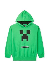 Felpa verde in cotone con un grafico della faccia di un Creeper nera sulla parte anteriore, tasca a marsupio e cappuccio abbinato.